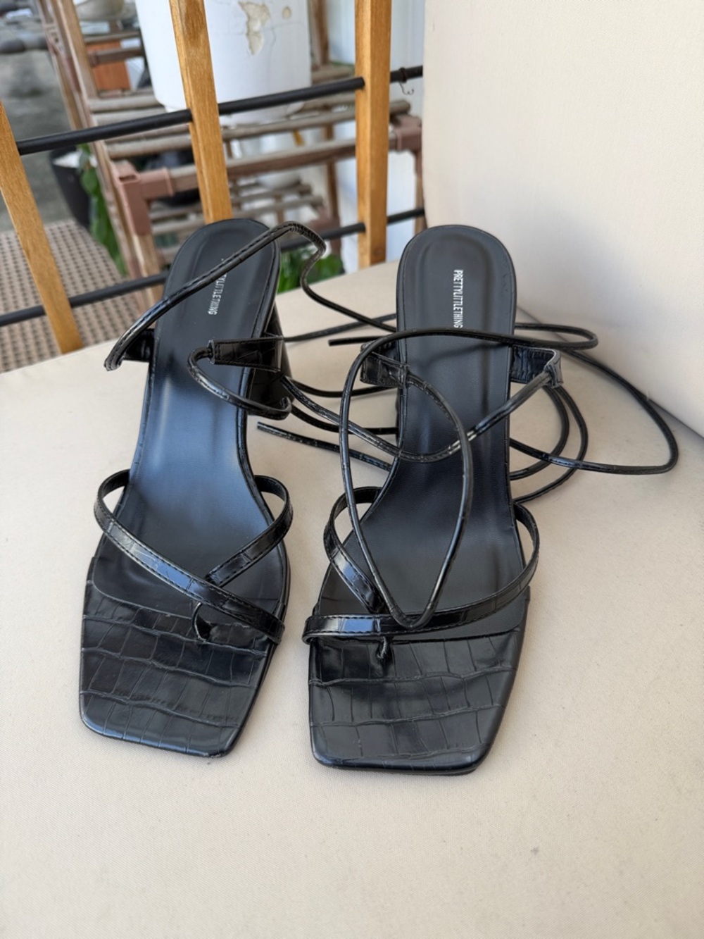 PrettyLittleThing Black Strappy Square Toe Lace-Up Heels